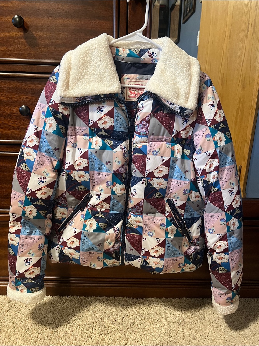 Levi's Quilted Patchwork Puffer Jacket in Pink Blue Burgundy